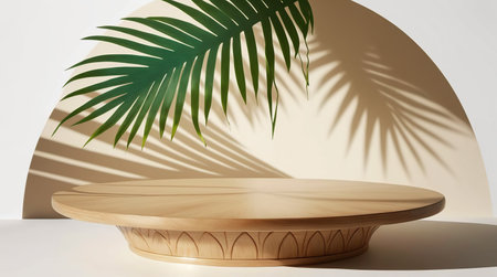 3d render of podium for product presentation with palm leaf shadow overlayの写真素材