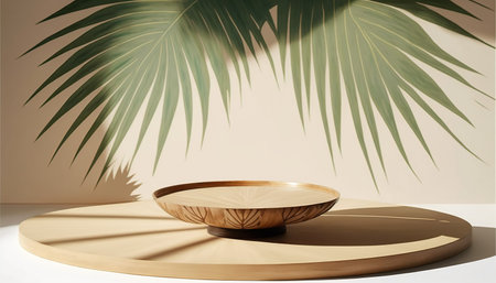 3d render of podium for product presentation with palm leaf shadow.の写真素材