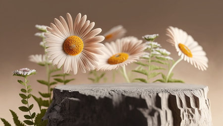 Three daisies on a piece of wood in front of a brown backgroundの写真素材
