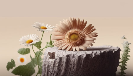 Daisy flower and stone on brown background with copy space for textの写真素材