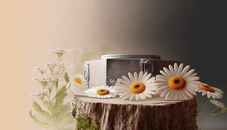Vintage camera with camomile flowers on a wooden stump.の写真素材