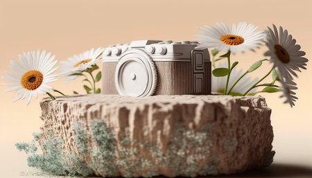 Digital camera and daisies on a beige background with copy spaceの写真素材