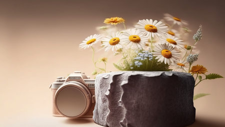 Still life with camomile flowers and camera on a brown backgroundの写真素材