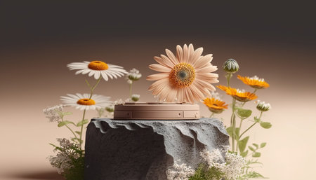 Cosmetic cream with daisy flowers on the stone podium. 3d renderingの写真素材