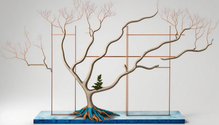 3d rendering of a tree with roots in the form of a frameの写真素材