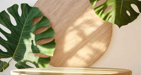 3d render of minimal product display podium with Monstera leaf. Natural background.の写真素材
