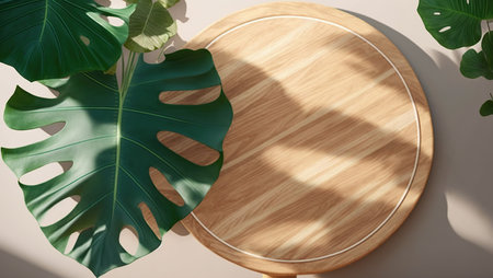 Top view of round wooden table and monstera leaves on beige wall background. Mock up, 3D Renderingの写真素材