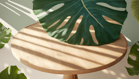 3d render of wood table with monstera leaf on green backgroundの写真素材
