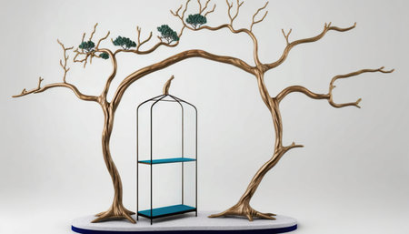 3d rendering of a modern display stand with trees and shelves.の写真素材