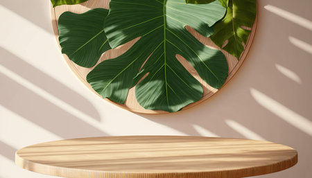 Wooden podium with monstera leaf in sunlight. 3d renderingの写真素材