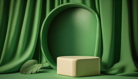 Green podium with green curtains and leaves. 3d render illustration.の写真素材