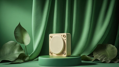 3d render of podium for product presentation with green curtain background.の写真素材