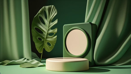 3d render of podium for product presentation with green curtains and monstera leafの写真素材