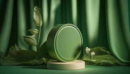 Green round podium for product presentation. Mock up, 3D Renderingの写真素材