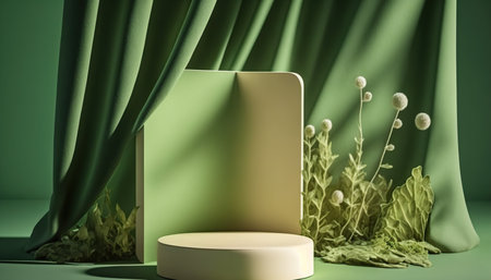 3d render of minimal display podium for product presentation with green curtains background.の写真素材
