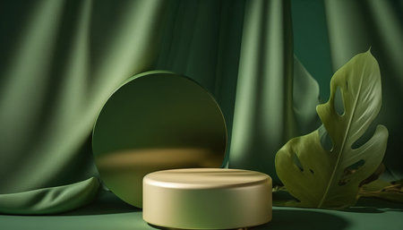 3d render of golden podium and green curtain background. Product presentation mockup.の写真素材