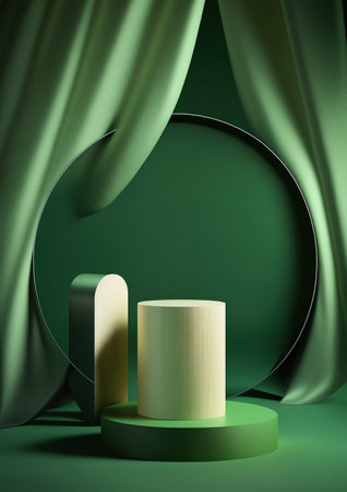 3d render, abstract background, podium for product display, green curtain, round pedestalの写真素材