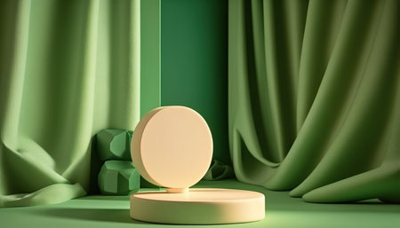 3d render of minimal product display podium with green curtain background.の写真素材