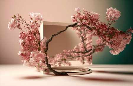 3d render of minimal display podium with cherry blossoms. Mockup for cosmetic product presentation.