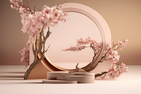 3d rendering of Podium for product display with cherry blossom.の写真素材