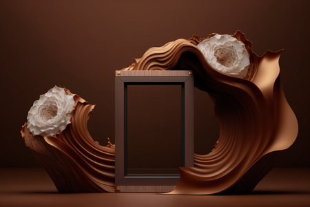 3d render, brown background, empty frame, abstract wavy shape, blank spaceの写真素材
