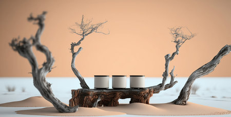 3d rendering of cosmetic bottles on wooden table in desert environment.の写真素材
