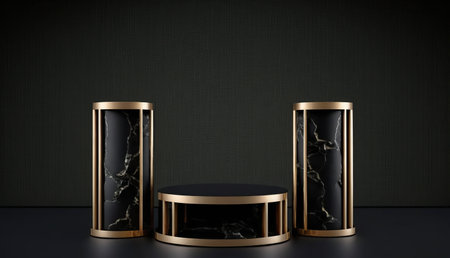 Black and gold podiums on black background. 3D rendering.の写真素材