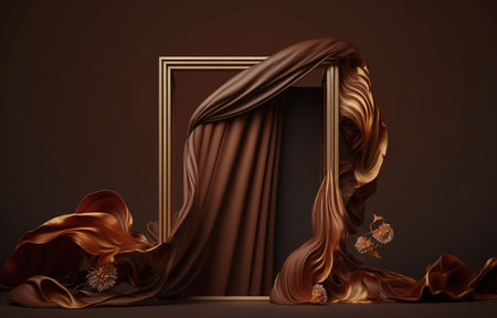 3d rendering, brown background with golden drapery and black frameの写真素材