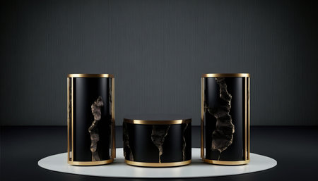 3d render, abstract black background with gold geometric shapes, podiums for product presentationの写真素材