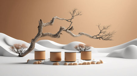 3d render of podium for product presentation with dry tree in desertの写真素材