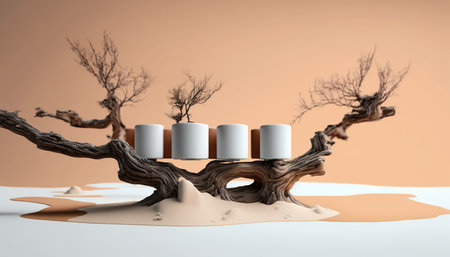 3d rendering of podium for cosmetic product presentation in desert with dry treeの写真素材