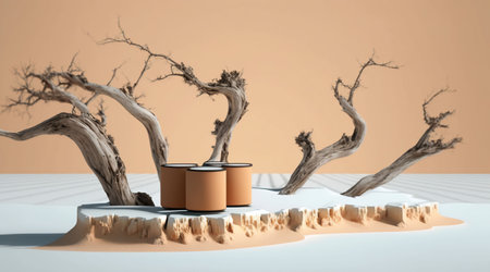 3d render of podium for product display with dry tree branches. Abstract composition.の写真素材