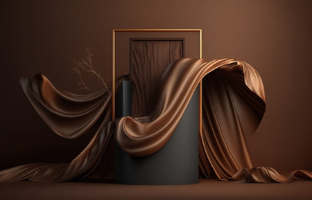 3d render, abstract background with black and brown fabric, golden frame and podium.の写真素材