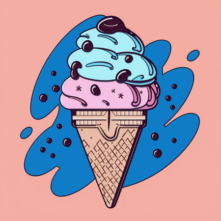 Ice cream hand drawn illustration. Ice cream in a waffle cone.の写真素材
