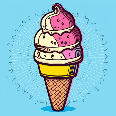 Ice cream in a waffle cone, sketch illustration on blue backgroundの写真素材