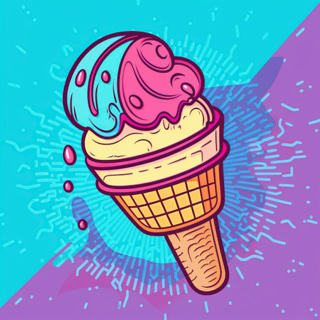 Ice cream in a waffle cone on a colorful background. illustration.の写真素材