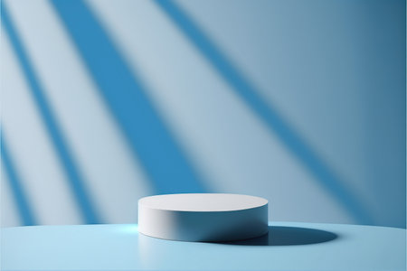 3d render of white podium on blue background with shadow from the sunの写真素材