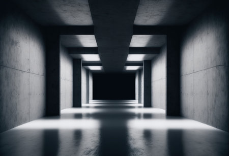 Abstract empty dark corridor with concrete walls and floor. 3D Renderingの写真素材