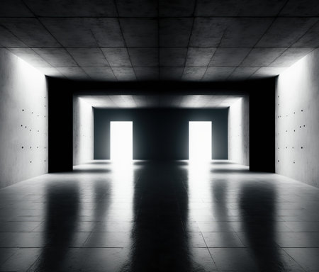 3d rendering of a dark corridor with a light coming through itの写真素材