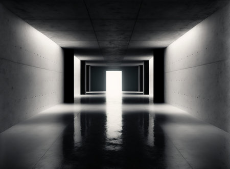 Abstract architecture background, empty dark room with concrete walls and floor, 3d render illustrationの写真素材
