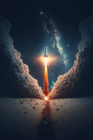 Rocket launch into space. Mixed media. Mixed media. Mixed mediaの写真素材