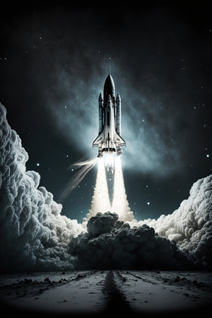 Space shuttle taking off into space. Mixed media. Mixed media. Mixed mediaの写真素材