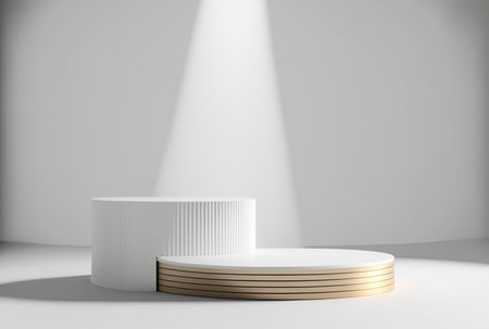 3d render of abstract minimal geometric forms. Glossy white podium for your design.の写真素材