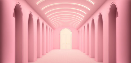3D rendering of a pink corridor with arches and a door