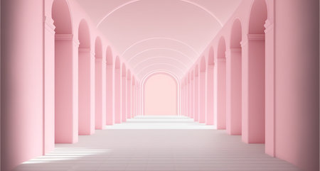 Pink corridor with arches and columns. 3d render illustration.の写真素材