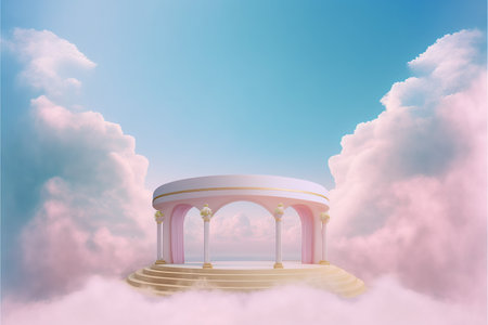 3d render of stage with arch in the clouds and blue skyの写真素材