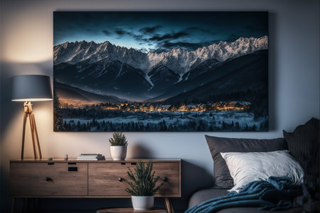 Interior of a bedroom with mountains in the background. 3d renderingの写真素材