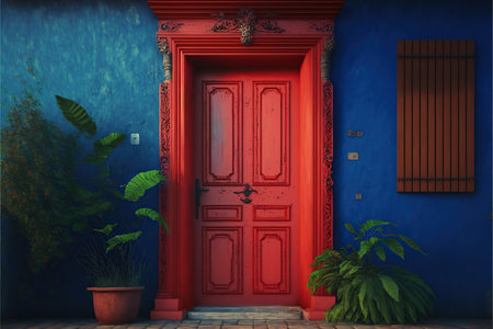 3D rendering of a fantasy door in an old house with plantsの写真素材