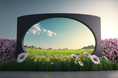 3d render of a tunnel with flowers and grass against blue sky