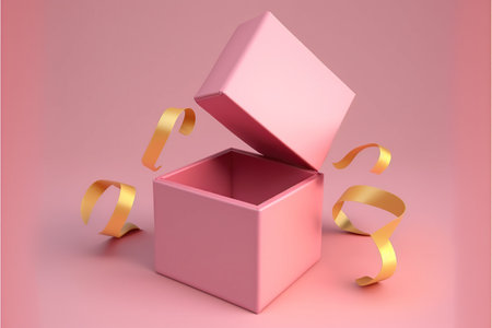 Opened pink gift box with golden ribbon. 3D rendering.